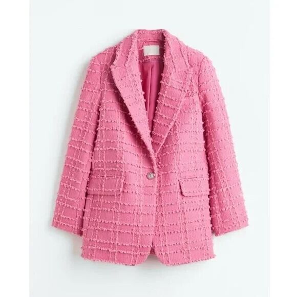 H&M Tweed Jacket Womens Small Pink Textured Weave Boucle Blazer Parisian Barbie - Picture 11 of 13